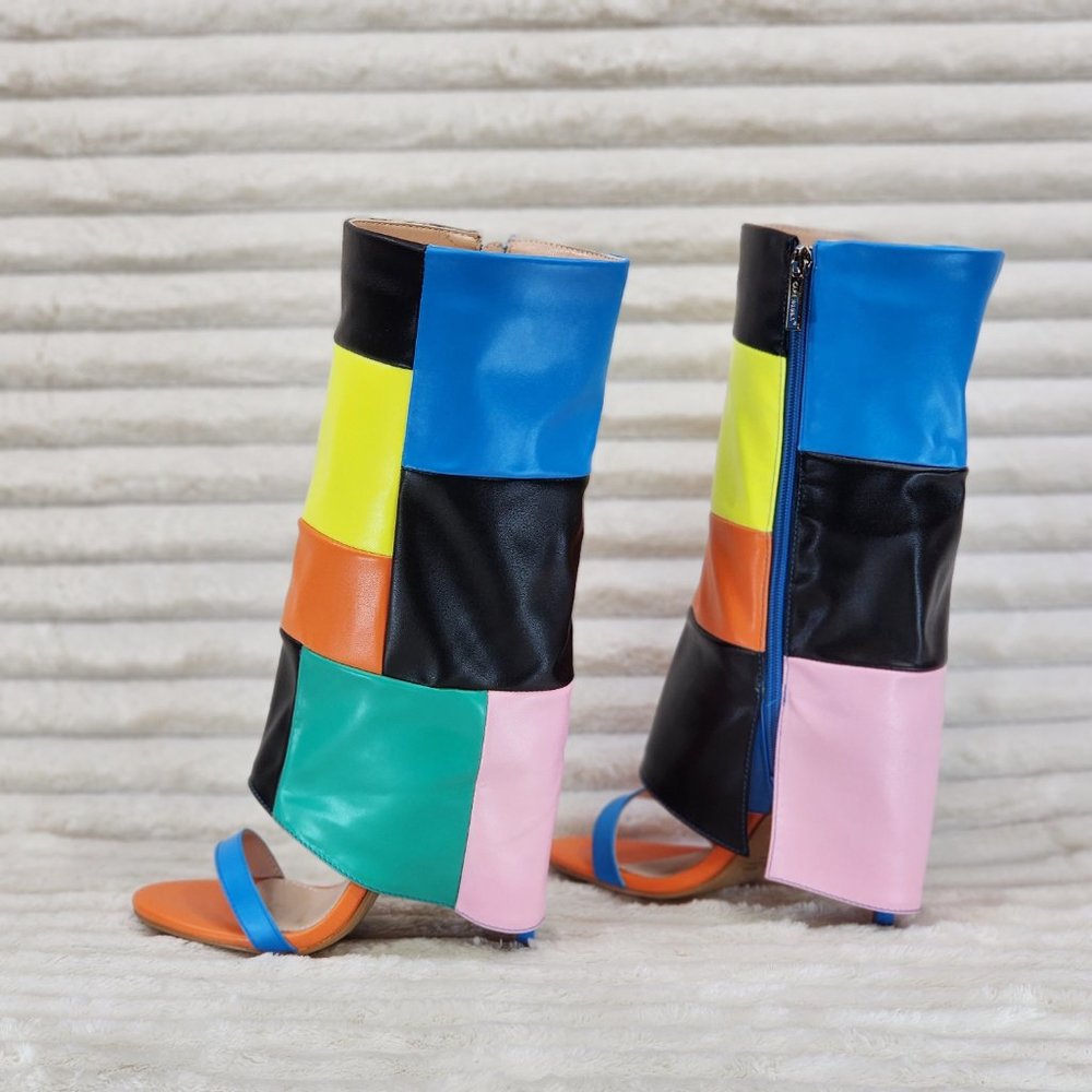 Paris Color Block Stiletto Fold Over Skirted Shootie Boot Sandals - Picture 9 of 15